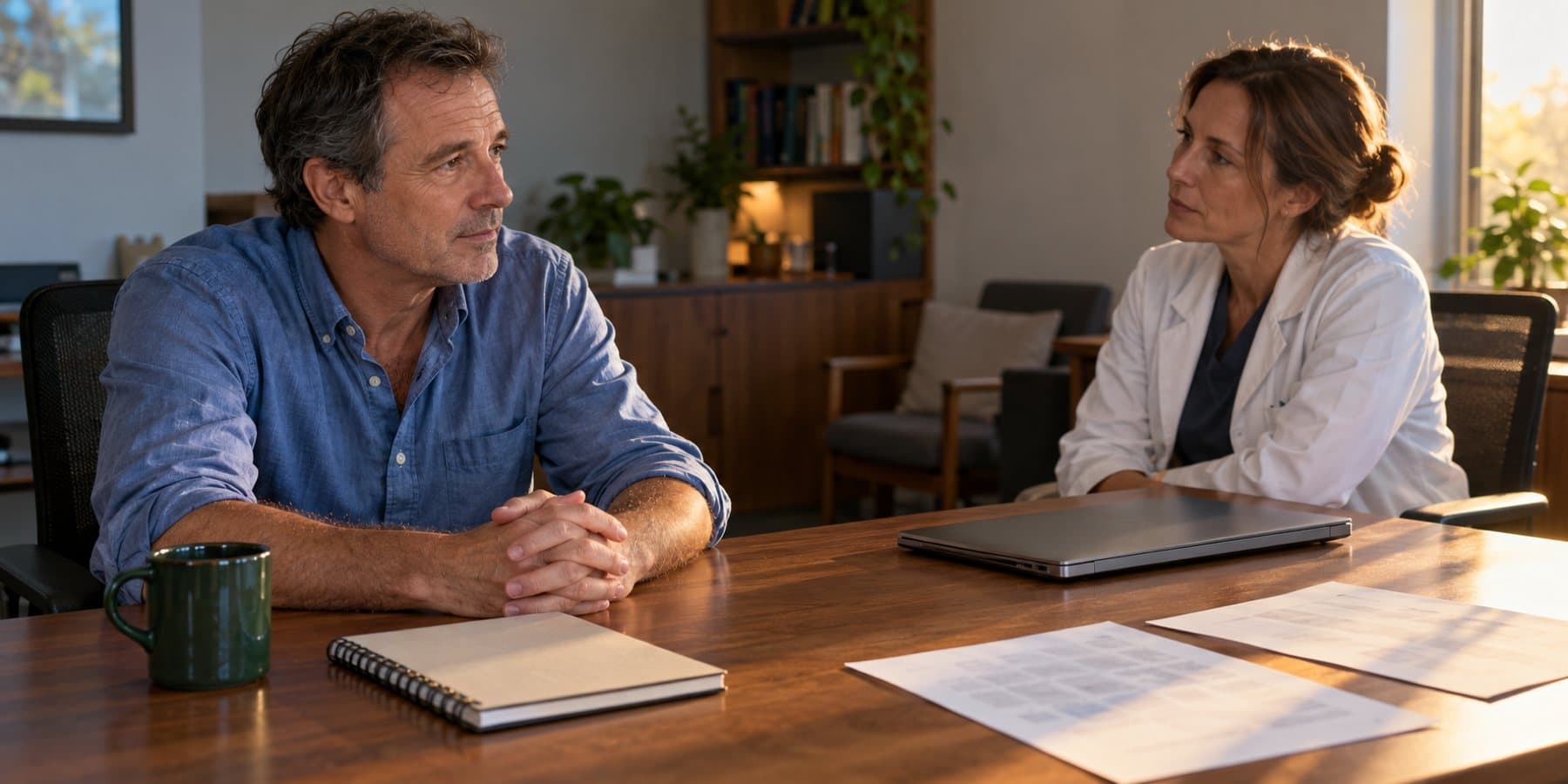 A practice owner taking notes at a desk